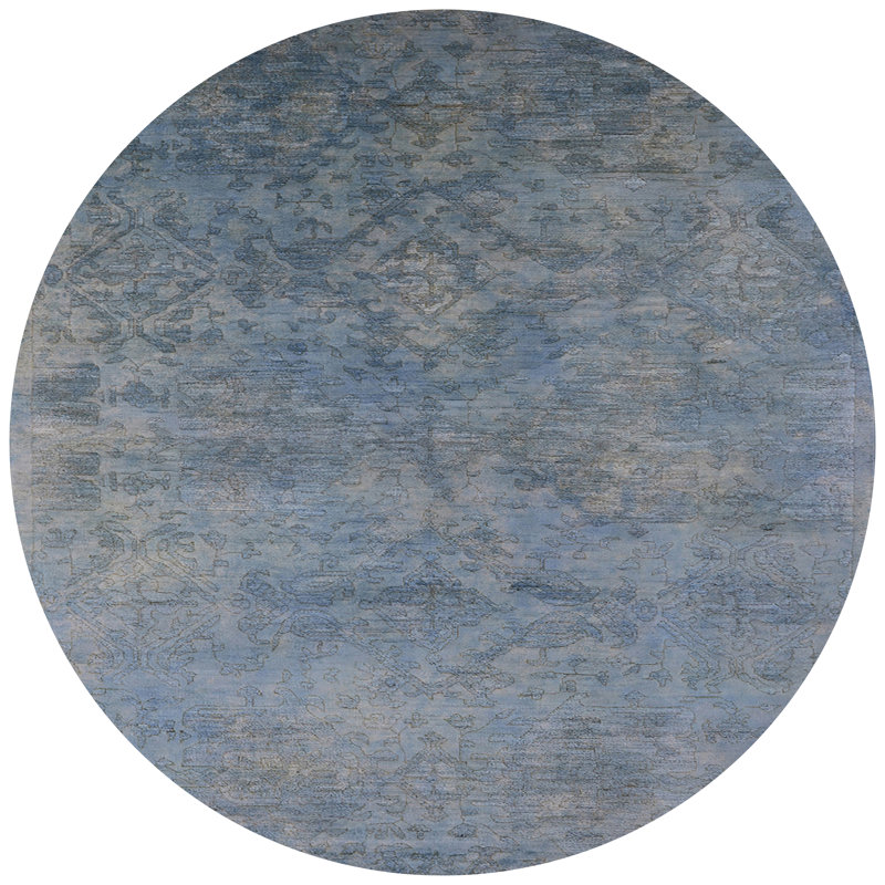 Tapis bleu à motif géométrique, Rond 5 pi