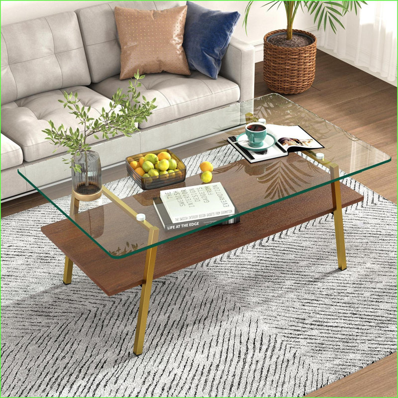 Élégante table basse en verre trempé pour le salon avec pieds dorés, facile à nettoyer et amp; Durable, Or/brun