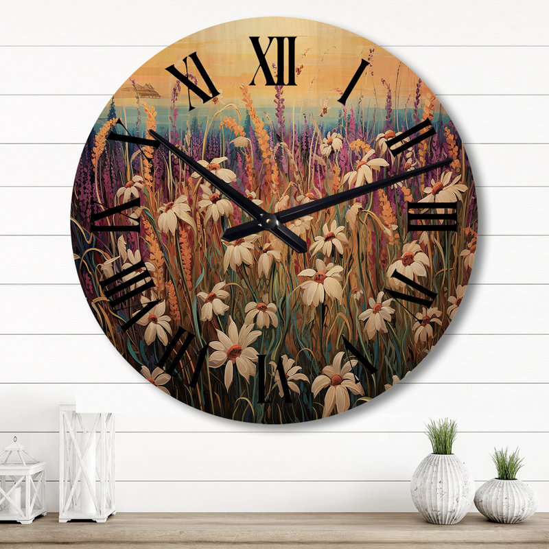 White Wildflowers Waves Of Blooms - Floral Oversized Wood Wall Clock, Grand