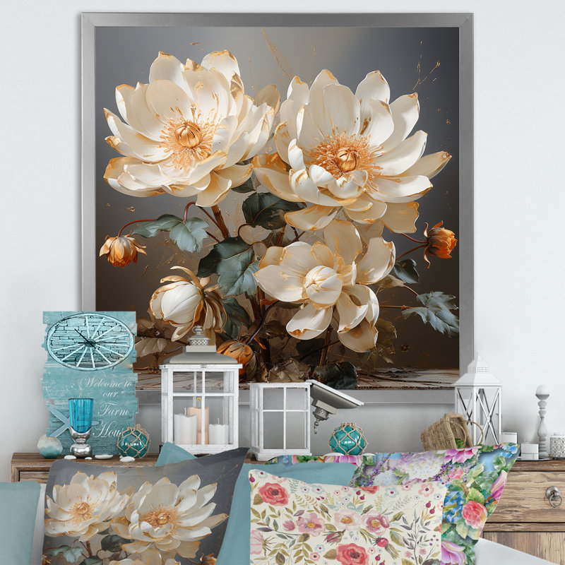 Lotus doré sur fond de tranquillité sur toile, Cadre simple argenté, H 30 po x l 30 po x P 1 po