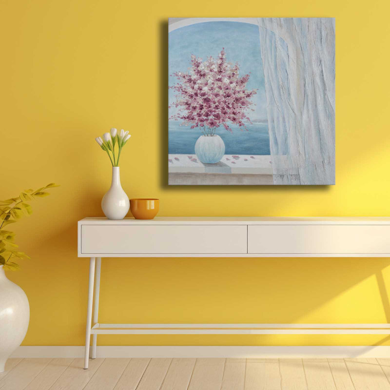 «Pink Blossom Vase By The Window», art mural sur toile