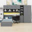 Lit plateforme fonctionnel en bois avec bureau, garde-robe, armoires, tiroirs et tablettes-368711357