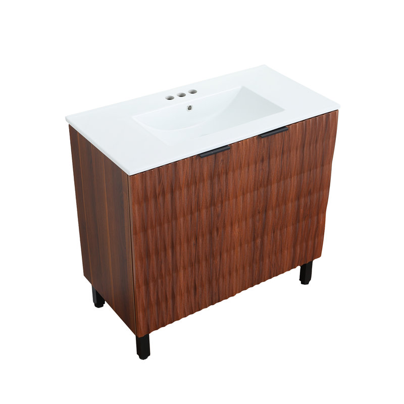 Walnut Oak Modern Free-Standing Bathroom Vanity Set, 35.4"