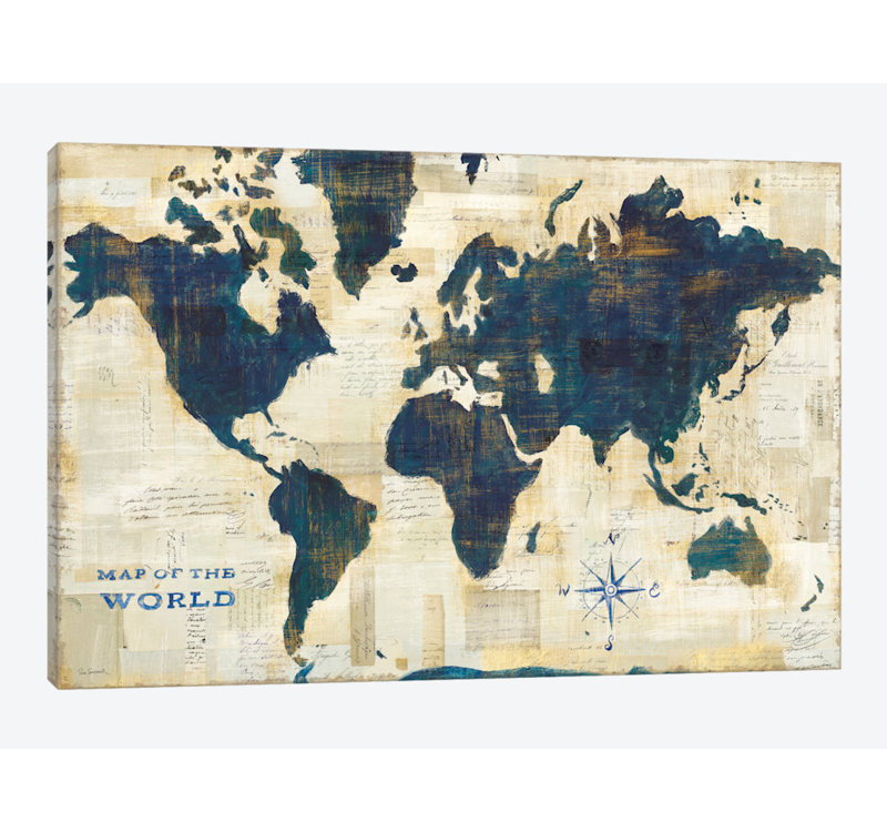 «World Map Collage» par Sue Schlabach, reproduction d'art sur toile tendue, H 16 po x l 24 po x P 1 po, Blanc