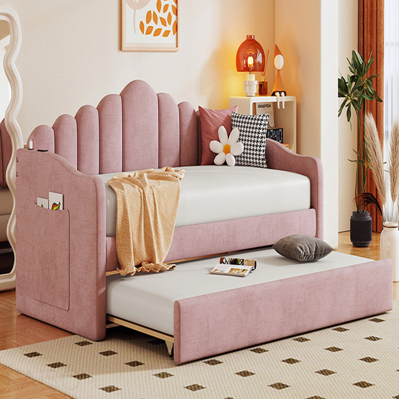 Structure de lit de jour simple rembourré avec couchette, canapé-lit en velours avec ports de charge USB, aucun sommier nécessaire, rose