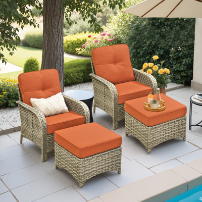 2-Person Outdoor Seating Group With Cushions And Ottomans,  All-Weather Wicker Patio Set