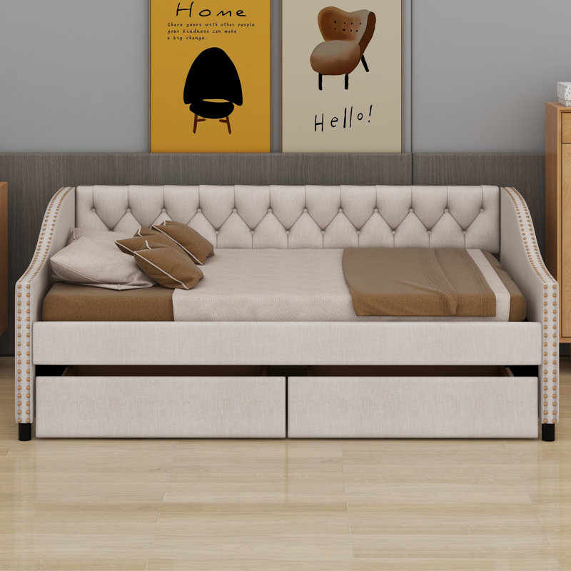 Upholstered Daybed With Two Drawers, Beige, Full