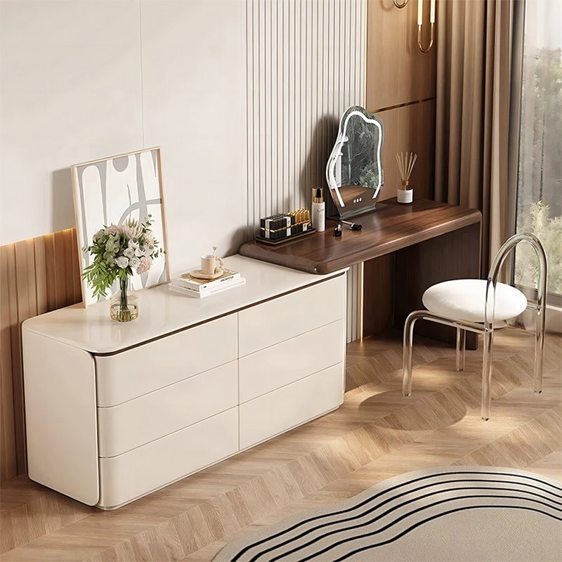 Coiffeuse avec miroir lumineux, 6 tiroirs, 1 chaise, Beige