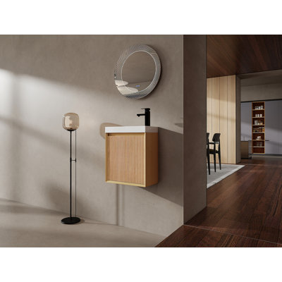 Ensemble de meuble-lavabo mural 18,5 po avec lavabo en résine, porte simple fermée, ensemble d'armoires de salle de bain, panneau de fibres à densité moyenne, bois naturel (KD-Packing)