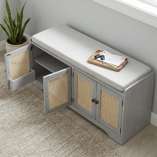 Hara  Classic Rustic Storage Bench with Removable Cushion and Woven Rattan Doors