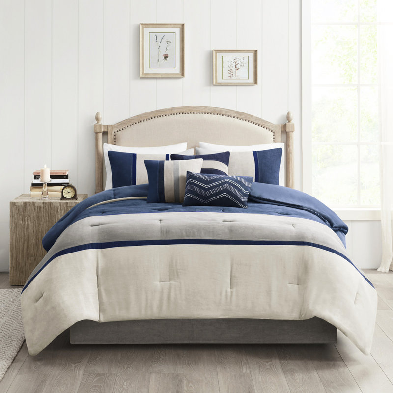 Queen Brown Faux Suede Comforter - 7 Piece , Soft Moments Size Piece, Wrinkle-, Decorative, Blue