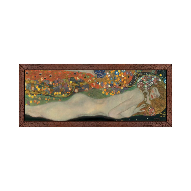 Sea Serpents, Detail IV by Gustav Klimt - Panoramic Painting on Canvas, 30.48 cm H x 91.44 cm W, Brown Framed