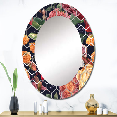 Rétro rouge, orange, jaune, fleurs en fleurs - miroir mural traditionnel