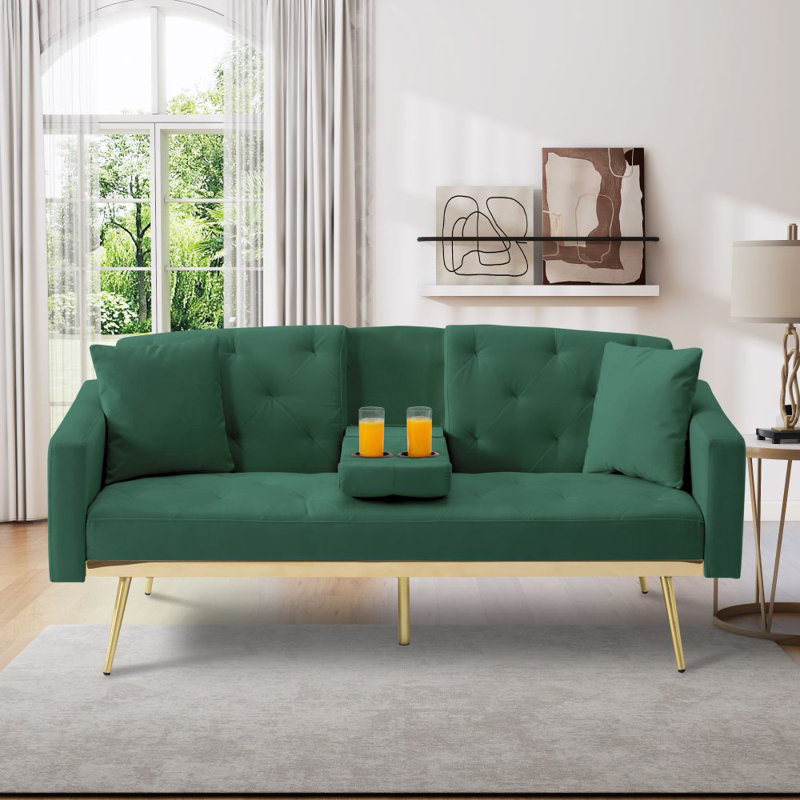 Causeuse moderne en velours 67,9 po avec support en bois massif et 2 coussins, Vert foncé