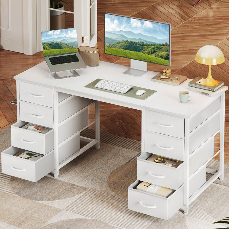 Bureau de coiffeuse blanc moderne avec 8 tiroirs en tissu, table de maquillage et d'écriture multifonctionnelle pour la chambre à coucher