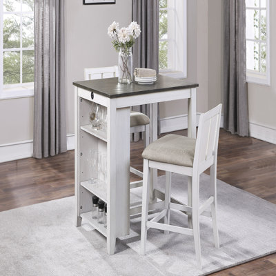 Ensemble de 3 tables à hauteur de comptoir de style transitionnel avec finition blanche et grise avec tablettes USB et 2 chaises à hauteur de comptoir rembourrées en tissu
