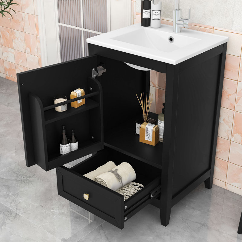 Meuble-lavabo de salle de bain avec lavabo en céramique, armoire à porte à fermeture douce, support de rangement et tiroir