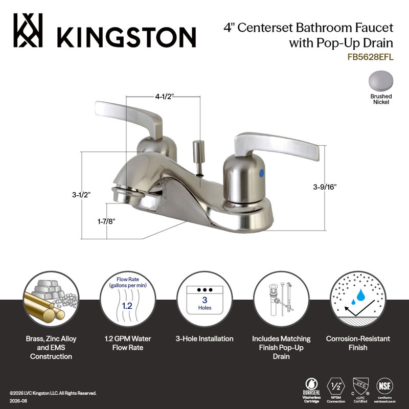 Kingston Brass Centurion Two-Handle 3-Hole Deck Mount 4" Centerset Bathroom Faucet with Plastic Pop-Up, Brushed Nickel