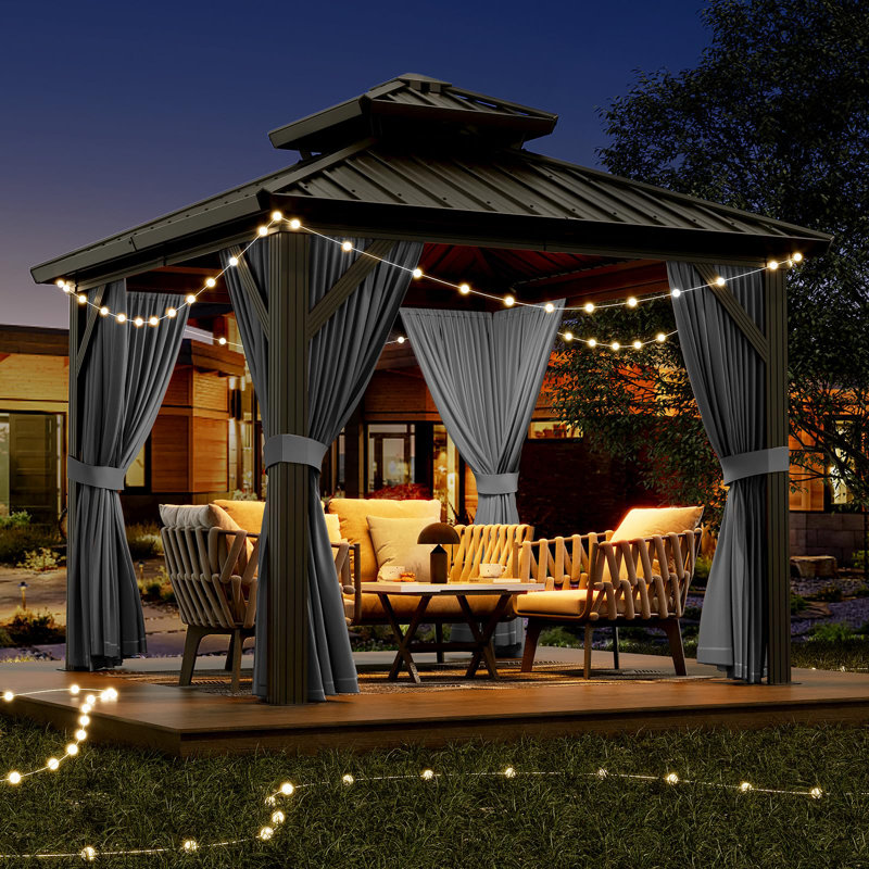Outdoor Hardtop Gazebo, Galvanized Iron Double Vent Roof with Curtains & Netting, Aluminum Frame Pavilion for Patio, Lawn, Deck, Garden