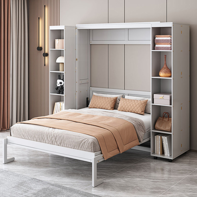 Grand lit escamotable, lit escamotable avec portes de rangement, Blanc