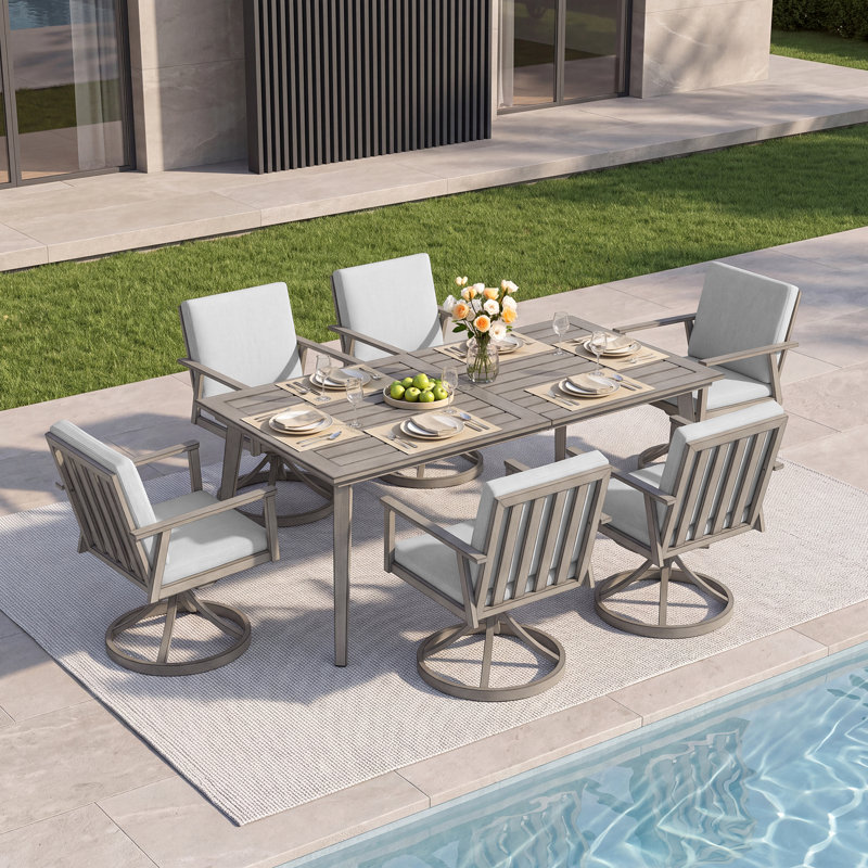Ensemble de salle à manger d'extérieur, ensemble de salle à manger pivotant en aluminium avec trou pour parasol, ensemble de mobilier d'extérieur pivotant à 360 °, chaises et table pivotantes pour terrasse, jardin, cour arrière, chêne chaulé