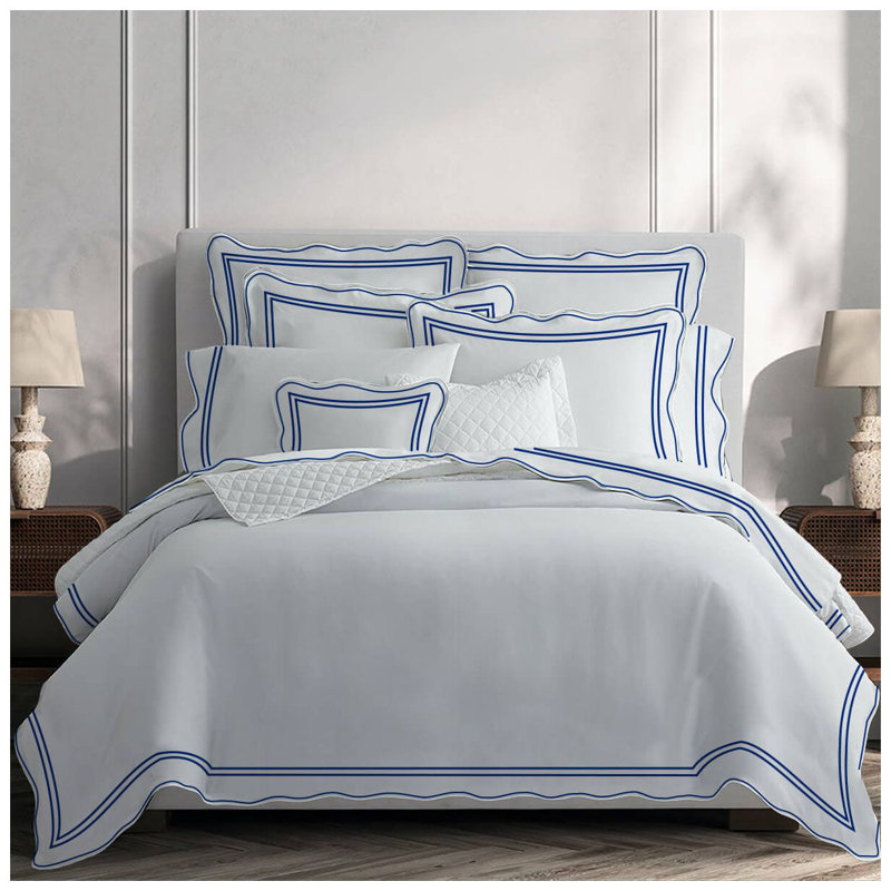 400TC Wavy Embroidery & Border Cotton Sateen Solid Duvet Cover Set, White/Navy Blue, California King Duvet Cover