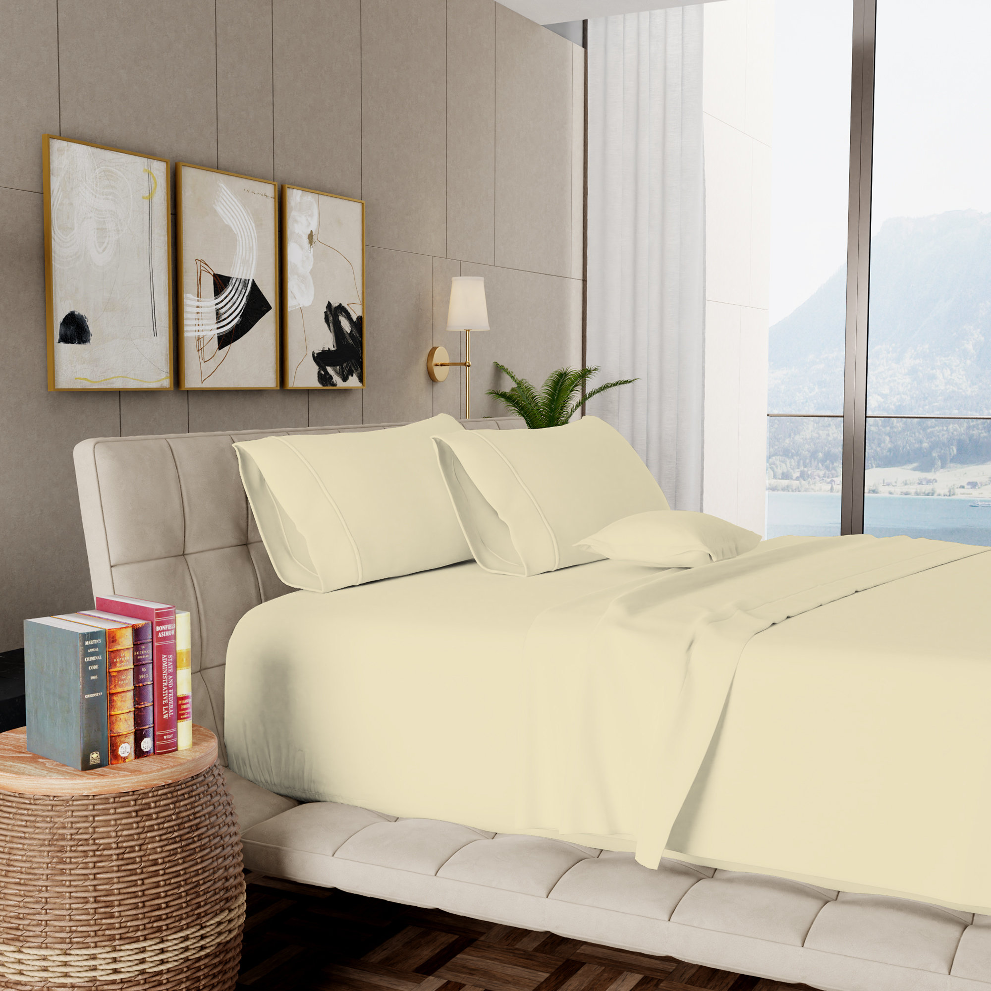 1000TC Ultra-Soft & Silky Luxury Egyptian Cotton Sheet Set, Pale Yellow, Queen