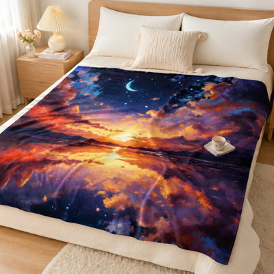 Plaid lumineux « Coucher de soleil éclatant et lune », motif artistique de reflets du ciel et de l'eau au coucher du soleil, ultra doux, léger, respirant, toutes saisons, agréable pour la peau, lavable à la machine, décoratif, pour canapé, fauteuil, salon et chambre