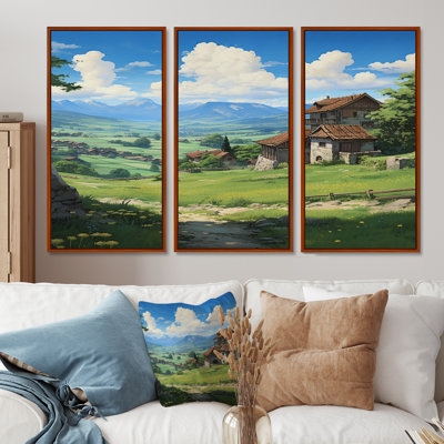 Maison de campagne dans un champ vert, ciel bleu - ensemble de salon d'art mural paysage