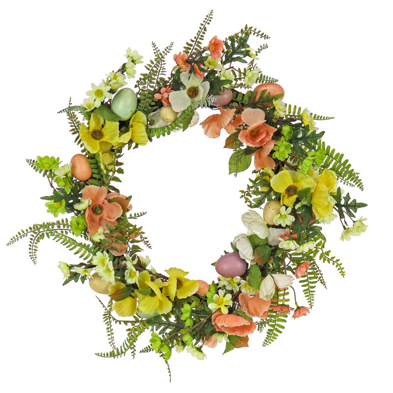 Decorated Artificial Easter Wreath with Pastel Eggs, Flowers, Indoor or Covered Outdoor Use Easter Decoration, Green