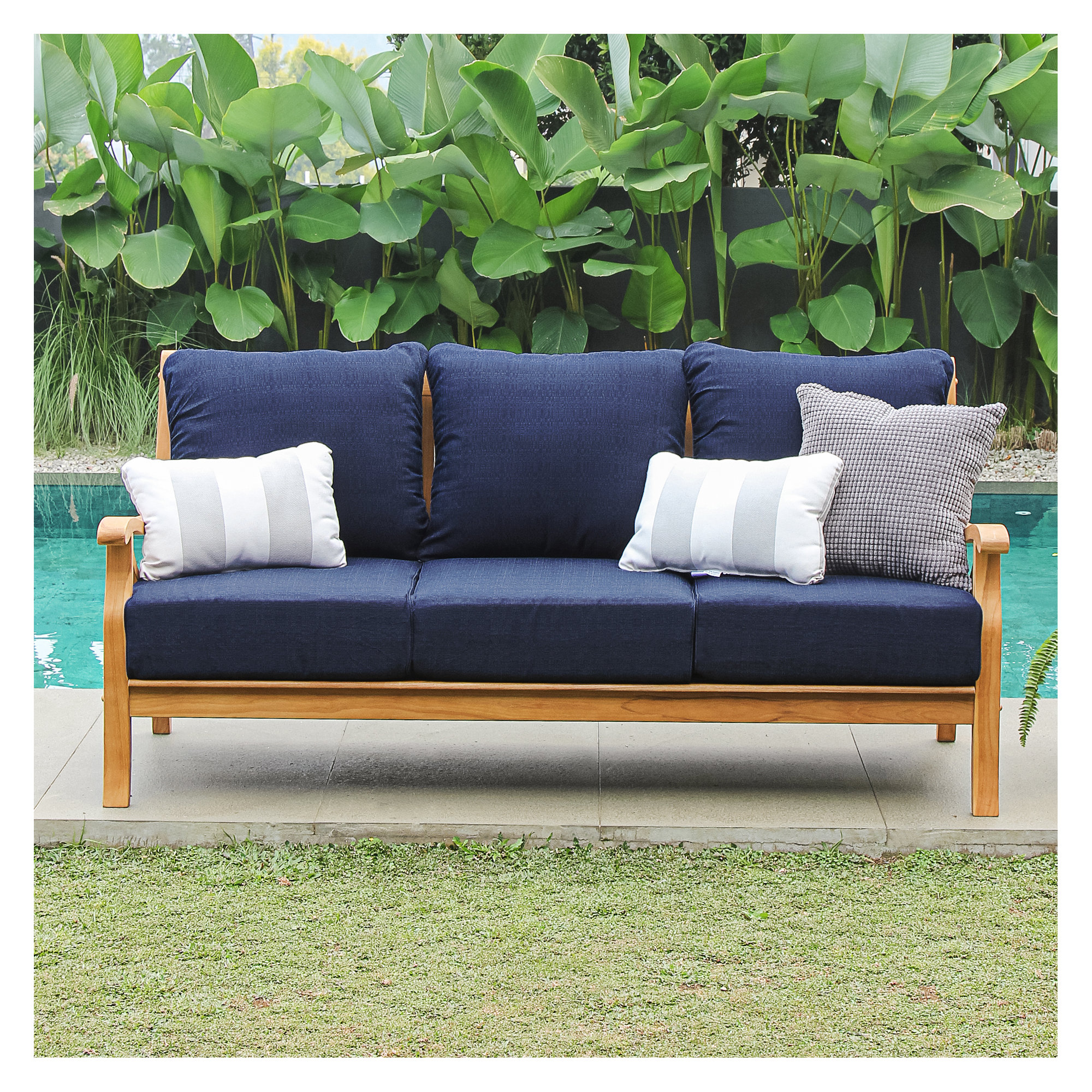 Brunswick 75.5'' Wide Teak Patio Sofa with Cushions, Navy Performance Olefin, Natural