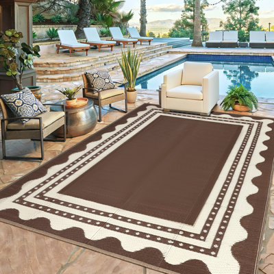Garvee Waterproof Outdoor Rug 9x12 for Patio, Reversible Modern Area Rug, Large Plastic Straw Mat for Camping, RV, Porch, Backyard, Deck, Picnic, Beach, Brown & Beige