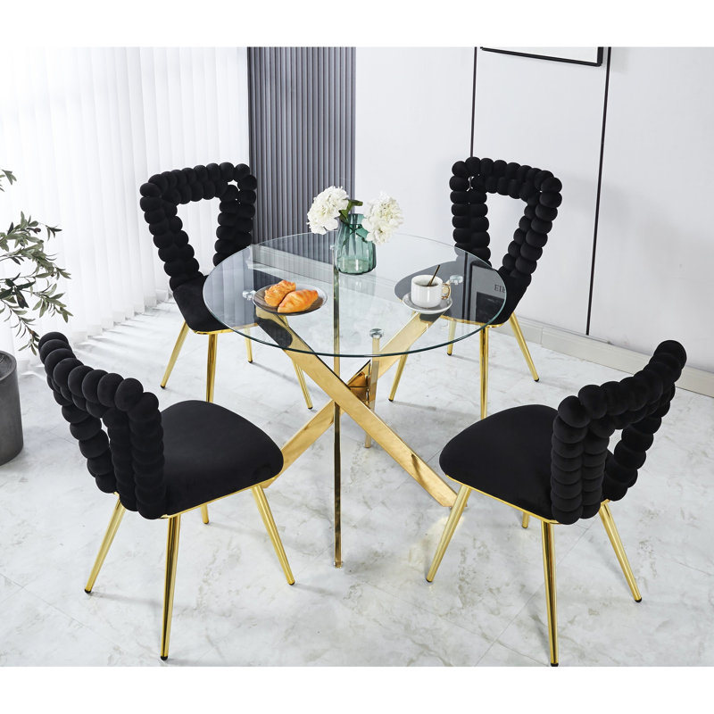 4 chaises noires et dorées - Revêtement en tissu, structure, pour la salle à manger, le bureau, la chambre à coucher et (4) bureaux confortables