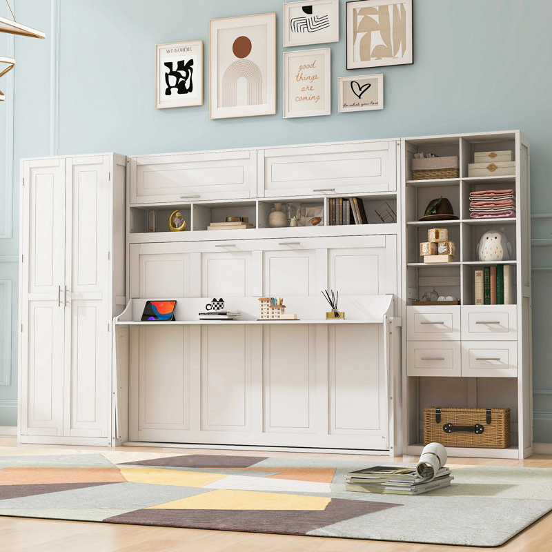 Lit escamotable Murphy avec placard, tiroirs et tablettes, Lit double, Blanc