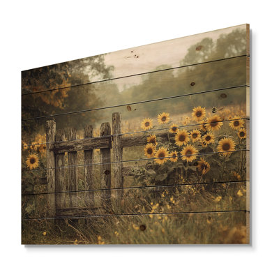 Sunflowers At The Pasture Gate - Sunflowers Wood Wall Art - On Natural Pine Wood