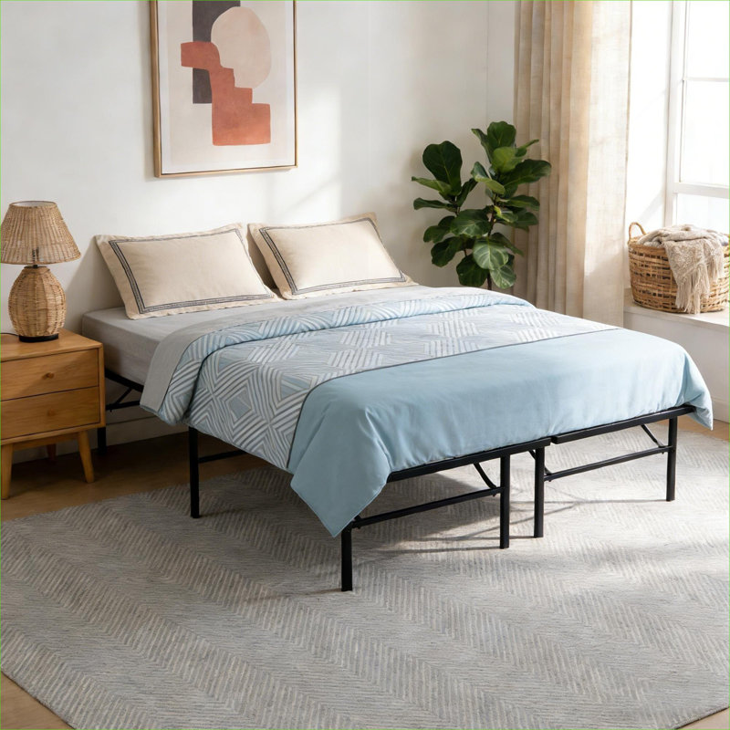 Base de lit plate-forme pliante en métal noir à profil bas, remplacement du grand sommier avec rangement sous le lit pour la chambre à coucher