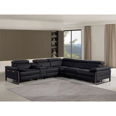 Top Grain Italian Leather 6-Piece L-Shaped Modular Power Reclining Sectional With 3 Power Recliners & Power Headrests