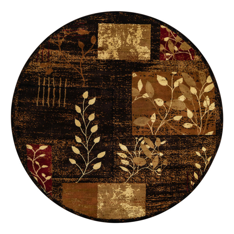 Tapis floral brun / jaune en polypropylène tissé à la machine Mehtap, Rond 7 pi
