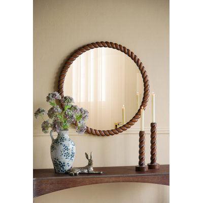 Miroir mural rond 28,3 x 28,3 po avec cadre en bois de pin texturé, finition brun chaud