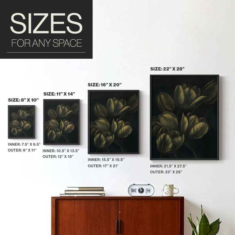 Tulipes dorées I, reproduction encadrée - bois massif, Noir, H 15 po x l 12 po