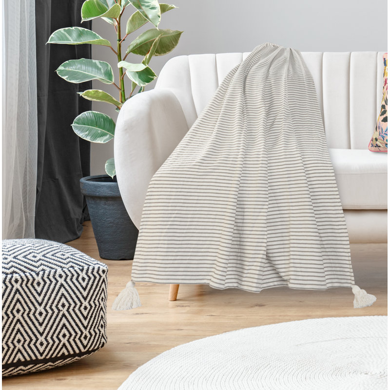 Gray and White Cotton Striped Throw Blanket with Tassels