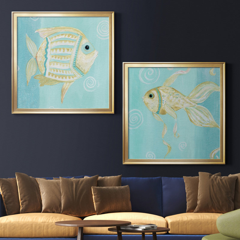 «Whimsical Sea I», ensemble de 2 reproductions d'art, Toile encadrée d'or, Pas de tapis, H 26,5 po x l 53 po x P 1,5 po
