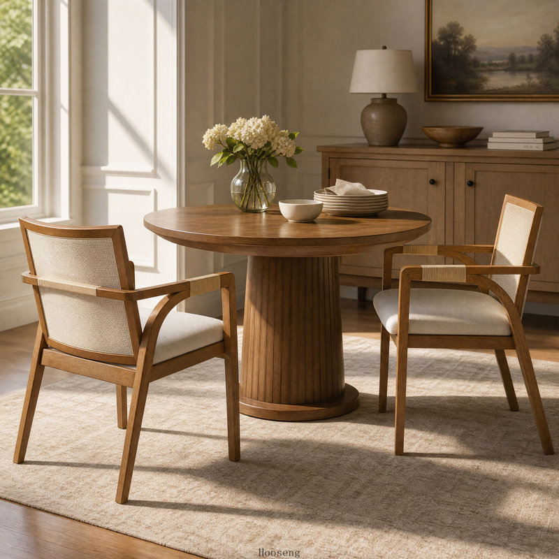 Ensemble de 2 chaises de salle à manger en bois d'hévéa avec dossier en textilène, accoudoirs en rotin PE et coussin rembourré