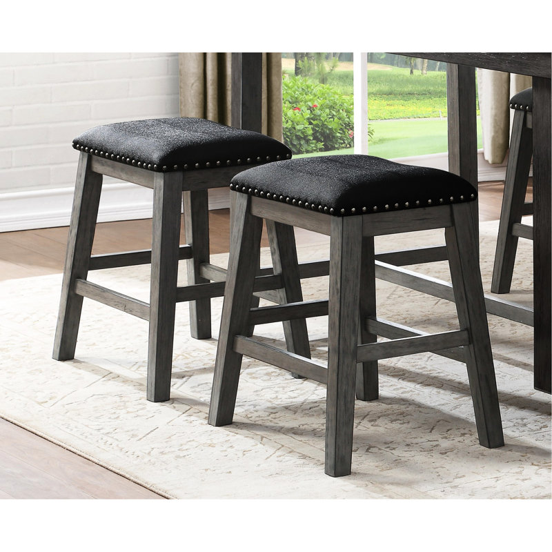 Hauteur du comptoir de 2 tabourets gris, siège en similicuir noir et garniture cloutée remarquable pour le coin repas, 2 tabourets, bois