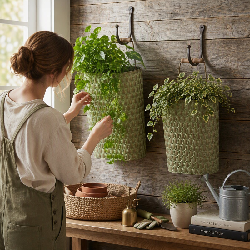 Set of 2 Textured Iron Hanging Planters with Arched Handles