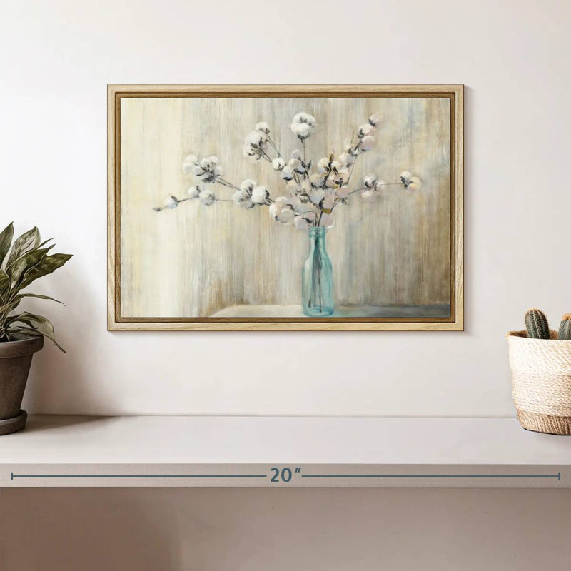 Bouquet de coton, Cadre flottant en bois naturel, 13 po x 9 po