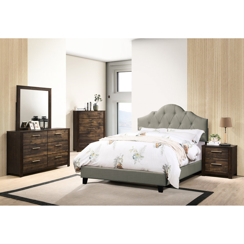 Grand lit avec tête de lit tapissier, cadre en bois de conception arquée en polyfibre gris, lit contemporain réglable