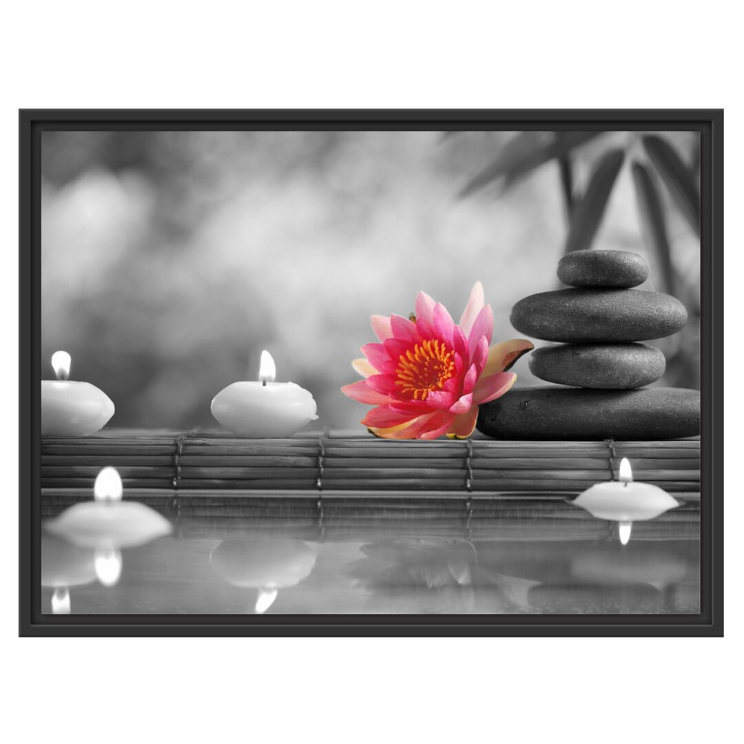 Gerahmtes Wandbild Seerose Zen Steine Kerzen