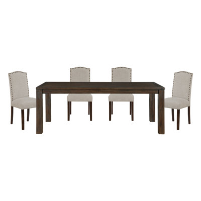 5pc Dining Set Dark Brown Finish Table and Taupe Fabric Upholstered 4x Side Chairs Wooden Modern Dining Kitchen Furniture