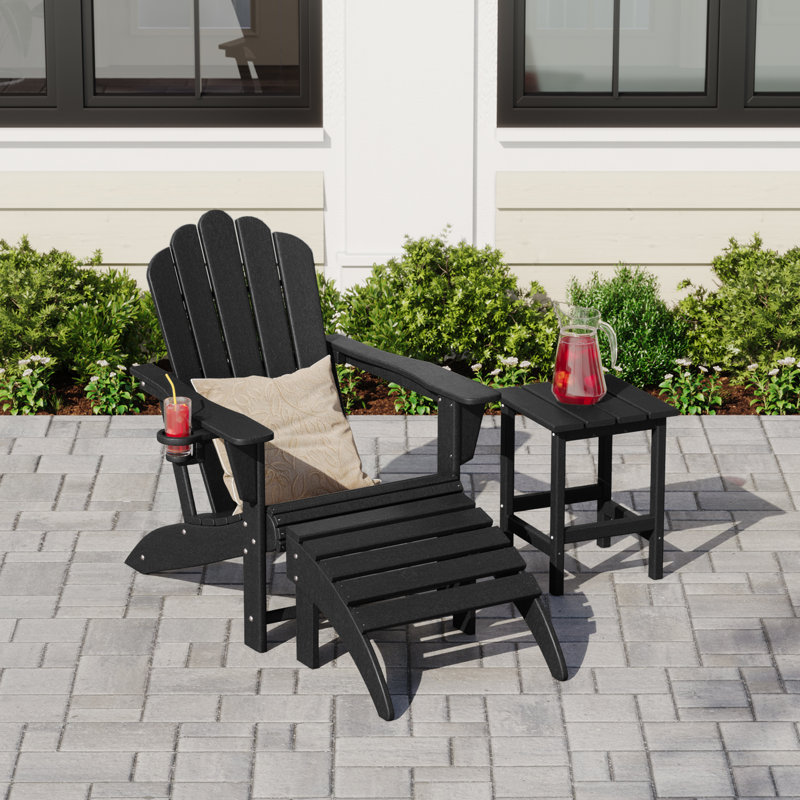 Outdoor Poly Adirondack Chair With Side Table And Ottoman, Black